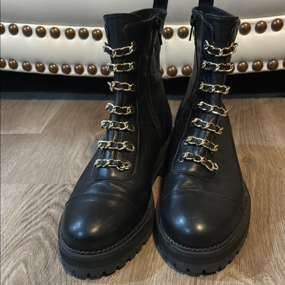 CECELIA NEW YORK Black and Gold Combat Boots with Rugged Design - Picture 2 of 11